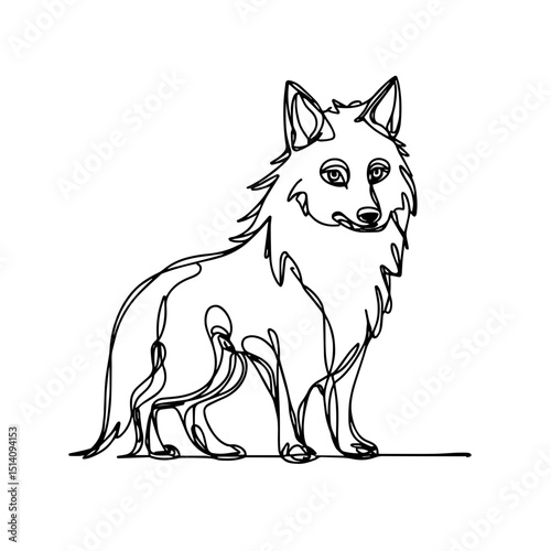 Stylized continuous line drawing of a standing dog with alert expression on a plain background representing loyalty and companionship, artistic concept of pet care or veterinary services