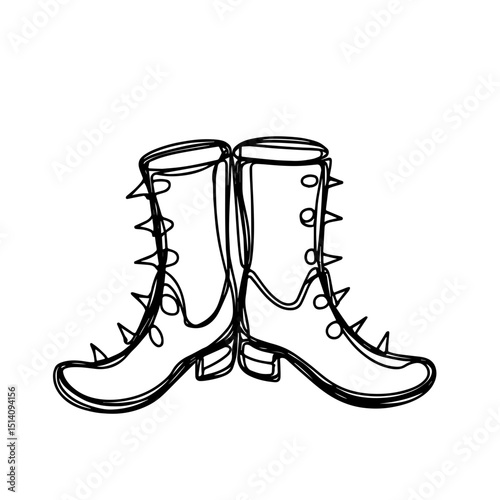 Stylish spiked black and white cowboy boots standing together, artistic line drawing showcasing unique design against a minimalist white background, fashion concept of footwear or apparel