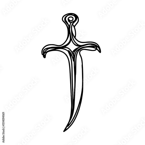 Stylized black outline of a traditional dagger on a white background, showcasing intricate design details and symbolism, artistic concept of martial arts, weaponry shops, or costume designers