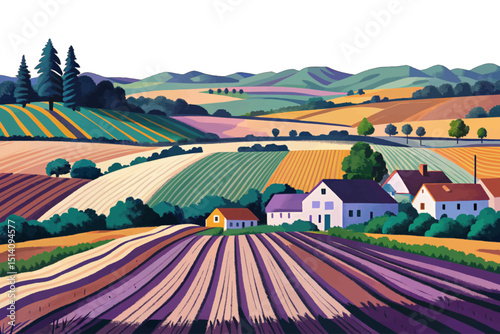 Farm field landscape on small hills vector. illustration Rows of soil, rural countryside perspective horizon view cartoon