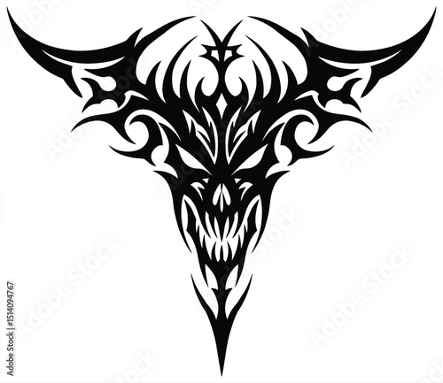 Aggressive blackwork tribal demon head tattoo design, featuring sharp horns and a menacing, fanged grimace, perfect for bold dark fantasy body art and edgy projects.