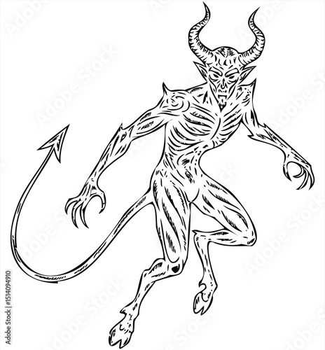 Aggressive horned devil tattoo artwork, showcasing a malevolent figure with skeletal features and an expressive pose, ideal for edgy ink, metal aesthetics, and powerful symbolic designs.