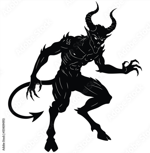 Imposing horned devil tattoo artwork, showcasing a malevolent figure standing in a dynamic pose, ideal for powerful symbolic designs and heavy metal aesthetics.