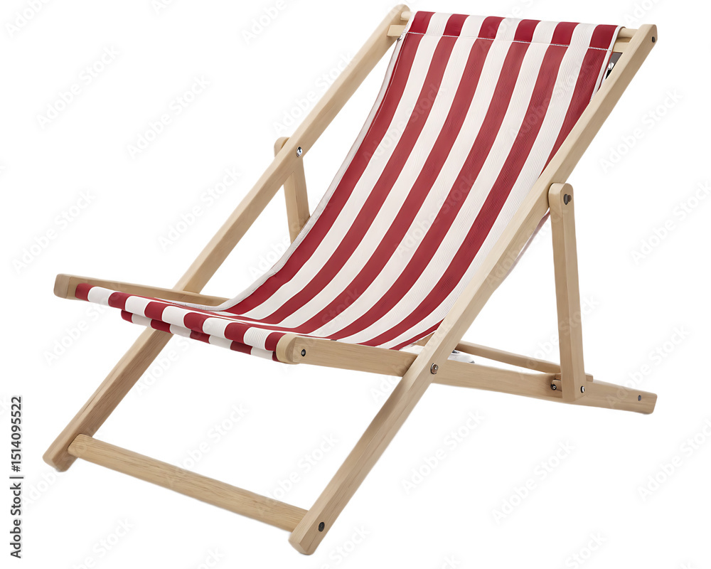 A wooden beach chair with red and white stripes on a black background in a studio setting isolated A wooden beach chair with red and white stripes on a black background in a studio setting isolated