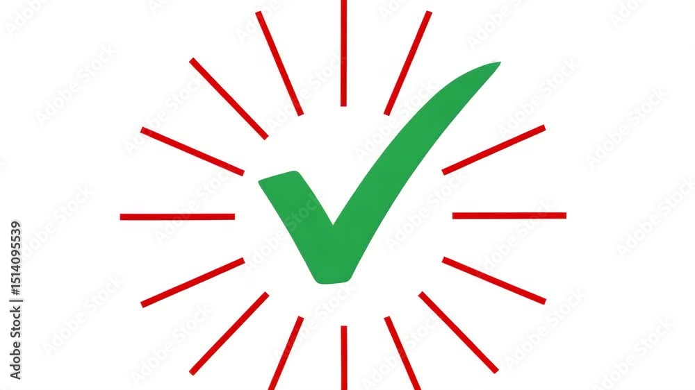 Green check mark icon with red radial lines indicating success or approval on a white background Concept for task completion and positive confirmation. 