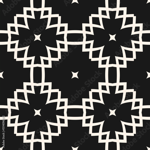 Vector seamless pattern in oriental style. Black and white ornament texture with floral silhouettes, grid, curved shapes, stars. Simple abstract geometric background. Repeated design for decor, print