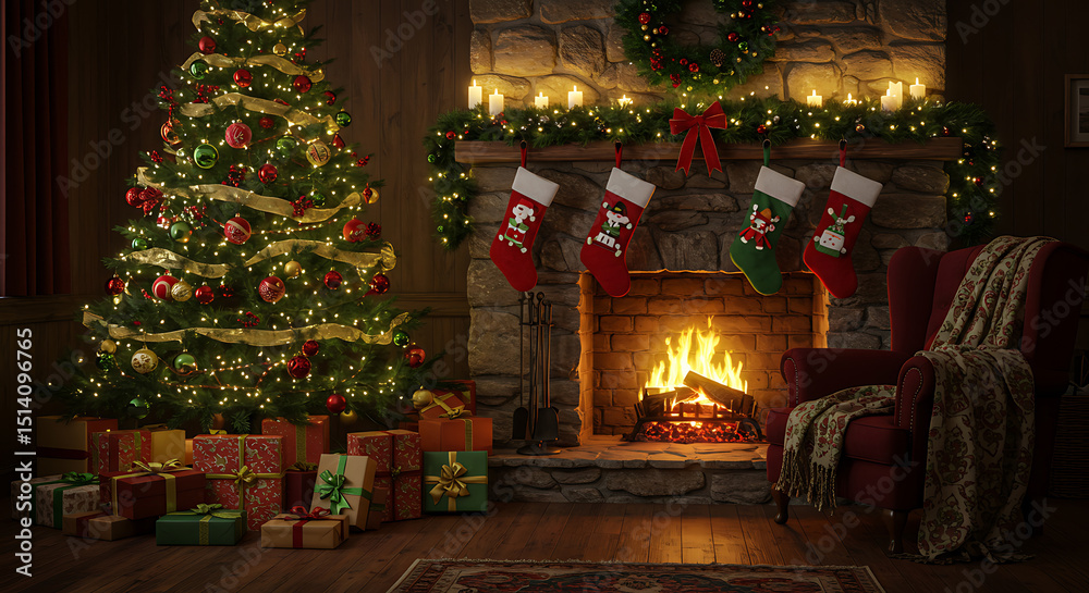 Fototapeta premium A cozy Christmas scene features a decorated tree, lit fireplace, and festive stockings hanging above, creating a warm and inviting holiday atmosphere with presents.