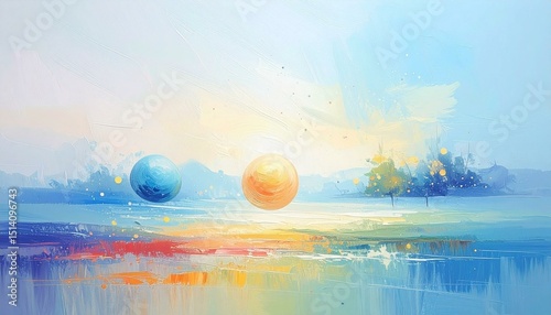 Abstract Spheres Over Painted Landscape
