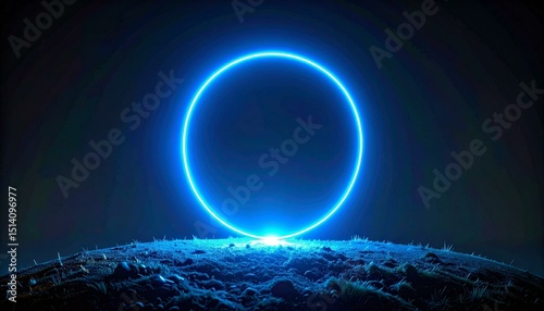 Blue Neon Circle Above Night Landscape