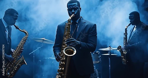 Wallpaper Mural Three Musicians Playing Saxophones in a Smoke-Filled Studio Scene with Blue Lighting Torontodigital.ca