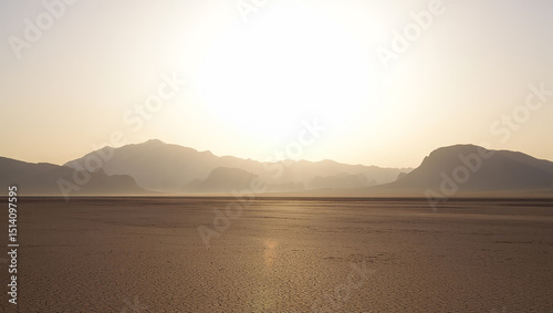 Serene landscape of mountains and a dry flatland at sunrise or s
