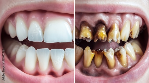 Visual comparison of two mouths one with pearly white teeth and the other with yellow stained decayed teeth from smoking medical realism side by side split frame photo