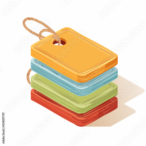 Stacked bundle of price tags tied with visible string.