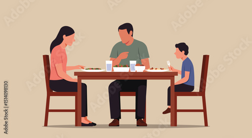Family of three sits at dinner table without speaking, showing quiet tension, concept of emotional distance, or lack of connection, flat vector illustration