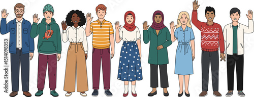 Multinational team. Vector illustration of diverse young adults standing in a line and waving their hands. Isolated on background