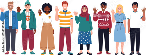 Multinational team. Vector illustration of diverse young adults standing in a line and waving their hands. Isolated on background