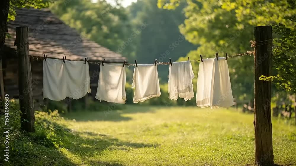 White linens hanging on a clothesline in a serene rural setting with trees and a cabin White linens hanging on a clothesline in a serene rural setting with trees and a cabin