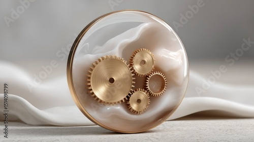 Mechanical Harmony Golden Gears in a Transparent Sphere on Soft Fabric Background