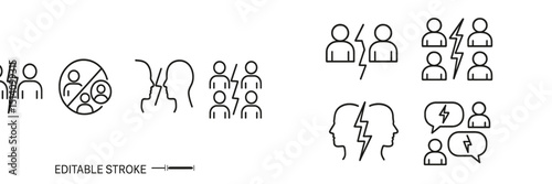 Icons illustrating conflict resolution methods and group discussions in a conflict management workshop setting