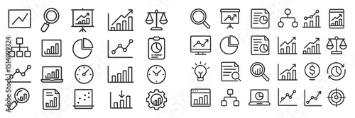 Collection of business and analytics icons in a minimalist style on a white background showcasing various data representations