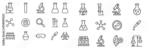 Collection of laboratory equipment and scientific icons illustrating chemistry and biology concepts in a minimalist design