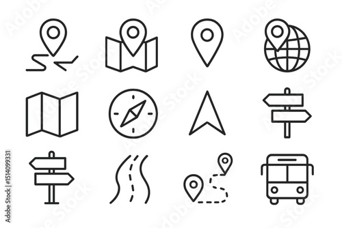 Various travel icons depicting navigation tools, maps, and location markers used for exploring new destinations