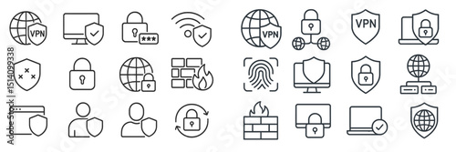 Collection of security icons representing VPN, encryption, and network protection methods for online privacy