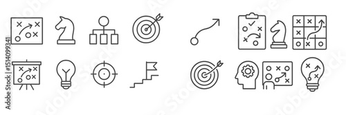 Strategy symbols depicting planning, ideas, and success across various domains in a modern design