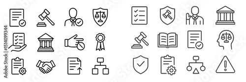 Legal concepts and symbols represented through simple line art designs for educational purposes