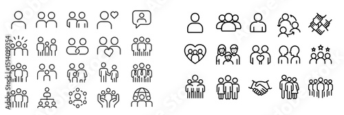 Variety of social interaction icons representing friendship, relationships, and community activities for digital use