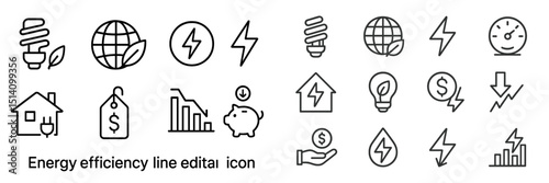 Energy efficiency icons representing sustainable practices in home and business environments for various applications