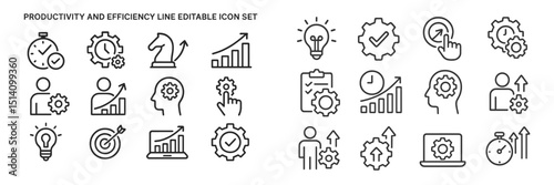 Productivity and efficiency icons illustrating various concepts like time management, goal setting, and data analysis in a clean design