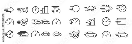 Speed and motion icons representing various transportation methods and performance metrics in a minimalistic design