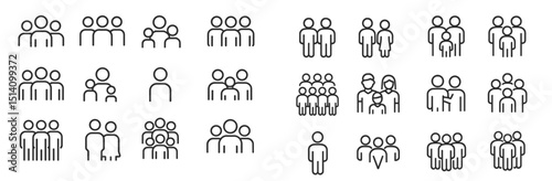Icon collection depicting various groupings of people in minimalist style showcasing diverse social interactions