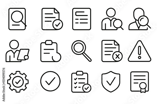 Icon set representing various document management and verification tasks in a professional setting