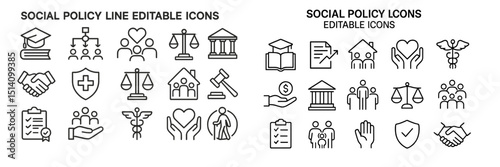 Collection of editable icons depicting various social policy themes in a minimalist line art style suitable for diverse applications