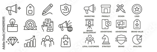 Marketing icons illustrating brand development, advertising strategies, and design elements for promotional activities