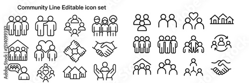 Collection of community line icons featuring diverse groups, interactions, and symbols of togetherness