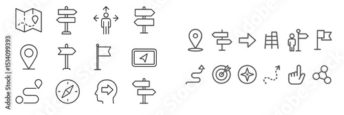 Collection of navigation and wayfinding icons illustrating various directional symbols and concepts related to travel and exploration