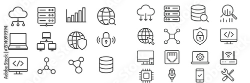 Collection of digital icons representing cloud computing, data management, and cybersecurity in a minimalist design