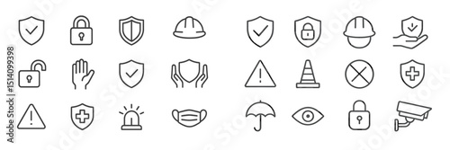 Collection of safety icons representing various security measures and precautions for workplaces and public spaces
