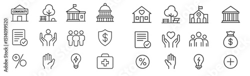Collection of simple icons representing community services, government institutions, financial resources, and health care concepts