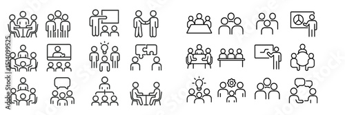 Diverse group interactions represented through simple line icons illustrating teamwork and collaboration in various settings
