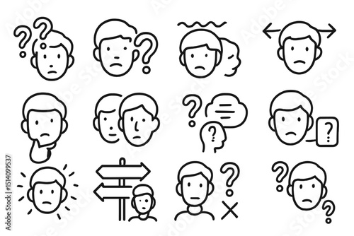 Illustrative icons depicting various emotions and expressions of confusion and uncertainty in a minimalist style