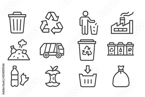 Various recycling and waste management icons illustrating environmental practices and sustainability efforts