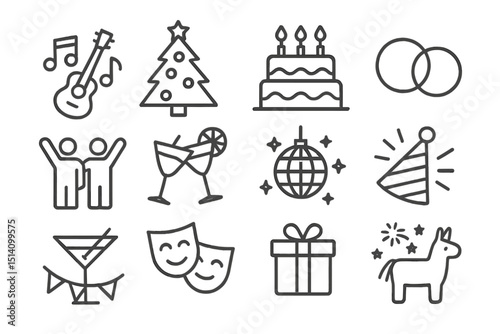 Celebration icons featuring musical instruments, festive elements, and joyful gatherings suitable for various occasions