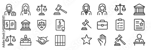 Legal symbols and icons representing justice, law practices, and courtroom activities created in a minimalist design