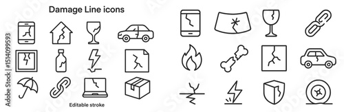 Collection of damage icons representing various broken items and hazards in a simple line art style