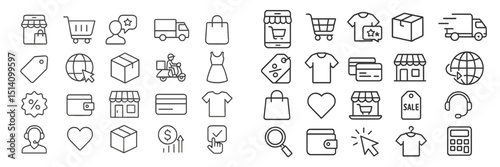 Collection of minimalist icons representing online shopping, delivery, and retail activities on a clean white background
