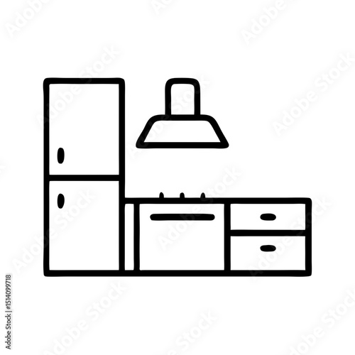 Modern kitchen layout with refrigerator, stove, and hood in outline style, icon, vector  